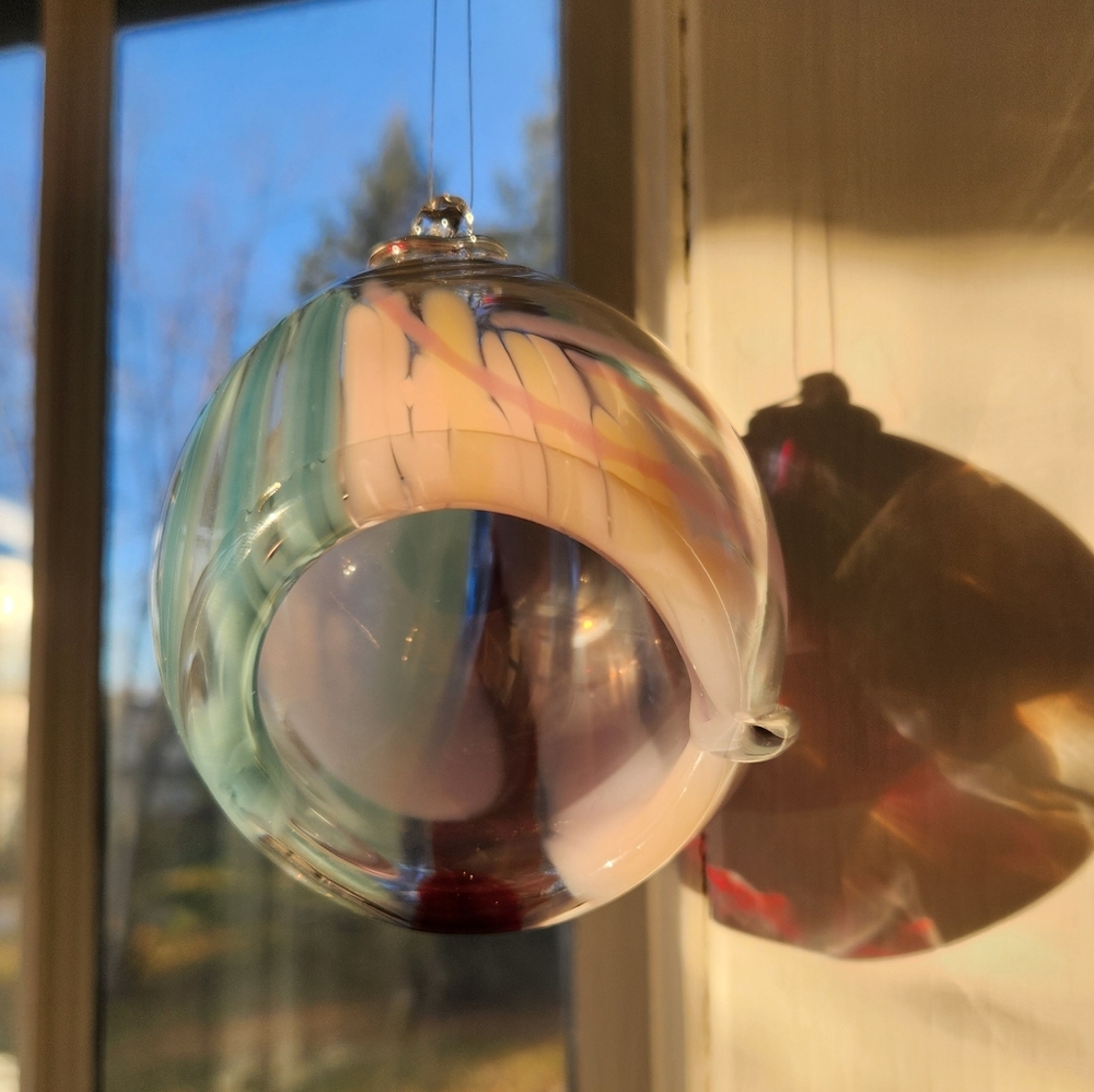 Handblown Art Glass Hanging Terrarium Swirl Orb Suncatcher Blue Pink Witch Ball